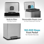 SIMPLI-MAGIC 50 Liter / 13.2 Gallon Soft-Close, Smudge Resistant Trash Can with Foot Pedal and Built in Filter- Stainless Steel, Sleek Finish