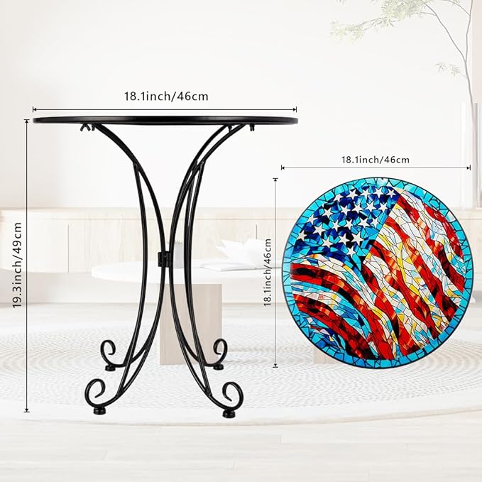 18" Outdoor Side Table, American Flag Metal Accent Table, Indoor Small Round End Tables, Plant Stand Tables for Outside Yard Balcony Garden Bedside