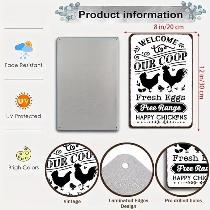 Funny Chicken Gifts Welcome To Our Coop Tin Sign for Home Farm Chicken Coop Farmhouse Kicthen Garden Decor 8 X 12 Inch (3521)