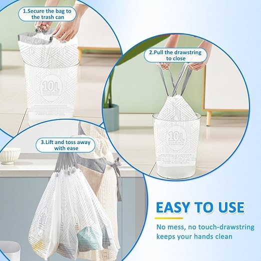 OKKEAI 3 Gallon Drawstring Trash Bags, White Small Bathroom Garbage Bags – 90 Count Tear-Free, Heavy Duty Printed Liners, Leak-Proof White Trash Bag for Kitchen, Office, Multipurpose Use