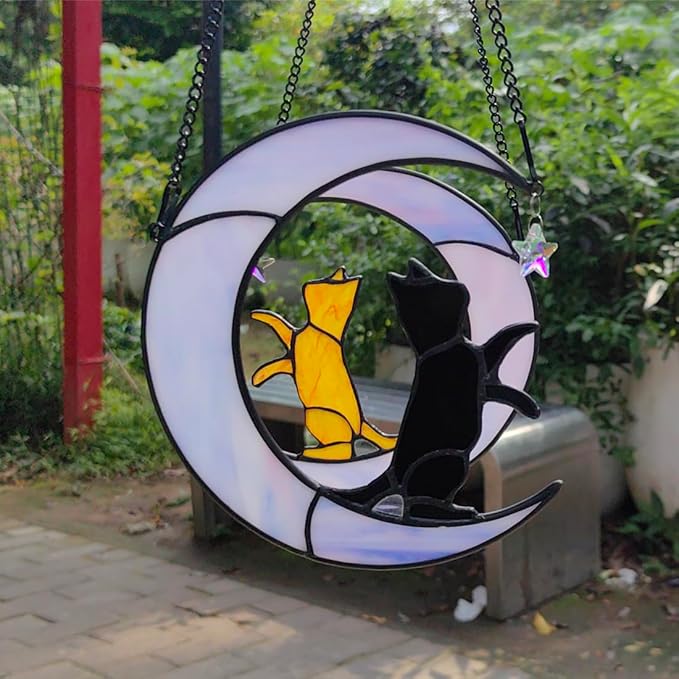 Orange Cat Gifts Suncatchers for Windows Hanging,6.7“x6.1 Funny Stained Glass Windows Hanging,Orange Cat Gifts for Women,Memorial,Birthday,Christmas