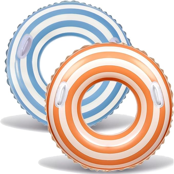 2 PCS Striped Pool Floats for Adults Swimming Rings Tube with Handles -Inflatable Pool Float Tube for Adults Pool Floats for The Beach, Party, Vacation