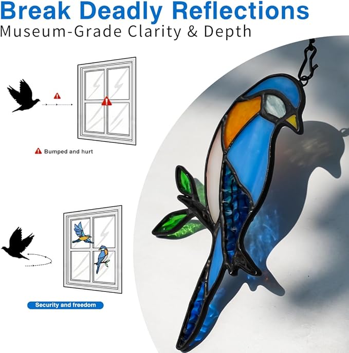 BOXCASA Blue Birds Decor Stained Glass Suncathers for Window,Stained Glass Bird Window Hanging,Birds Gifts for Bird Lovers,Birthday Gift for Women Mom Grandma