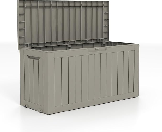 TARKARI 90 Gallon Lockable Resin Deck Box with Wheels, Waterproof & UV-Resistant Outdoor Storage Box for Outdoor Cushion Storage, Garden Tools & Pool Accessories Storage, Gray