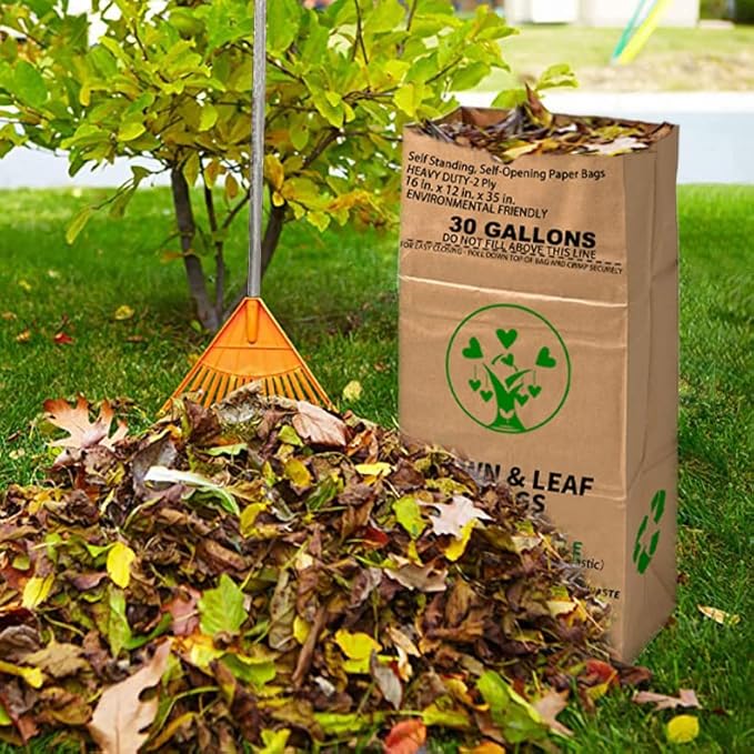 30 Gallon Heavy Duty Brown Paper Lawn and Leaf Bags with 22 GAL Dustpan-Type Bag and Leaf Scoops| 2-Ply Large Kraft Paper Bags (10 Count) | Tear Resistant Yard Waste Bag for Home and Garden