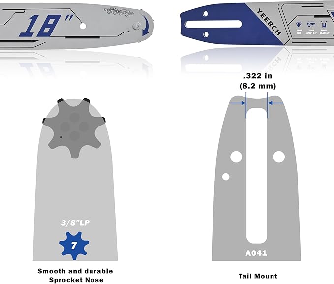 18 Inch Chainsaw Bar 62 Drive Links 3/8" LP Pitch .050" Gauge, 18 Chainsaw Guide Bar, Chainsaw Accessories Fits for Echo, Craftsman, McCulloch, Homelite, Poulan, Makita, Ryobi and More