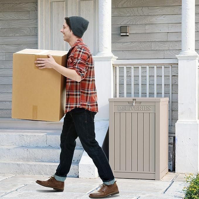 EasyUp Outdoor Package Delivery Box, 48-Gallon Lockable Parcel Drop Box, Large Double-Walled Resin Weatherproof Storage Deck Box for Porch and Patio (Gray)