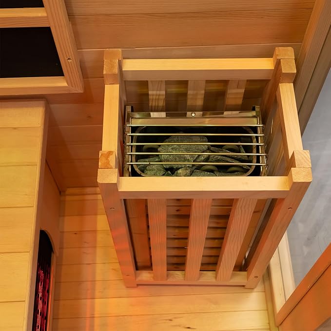 2-Person Far Infrared & Steam Dual-System Sauna Room, Hybrid Indoor Wooden Sauna with 3.5KW Heater, 6 Heating Elements and Heating Stove, Built-in Sound System, Oxygen Bar, 7-Color Lights,220V