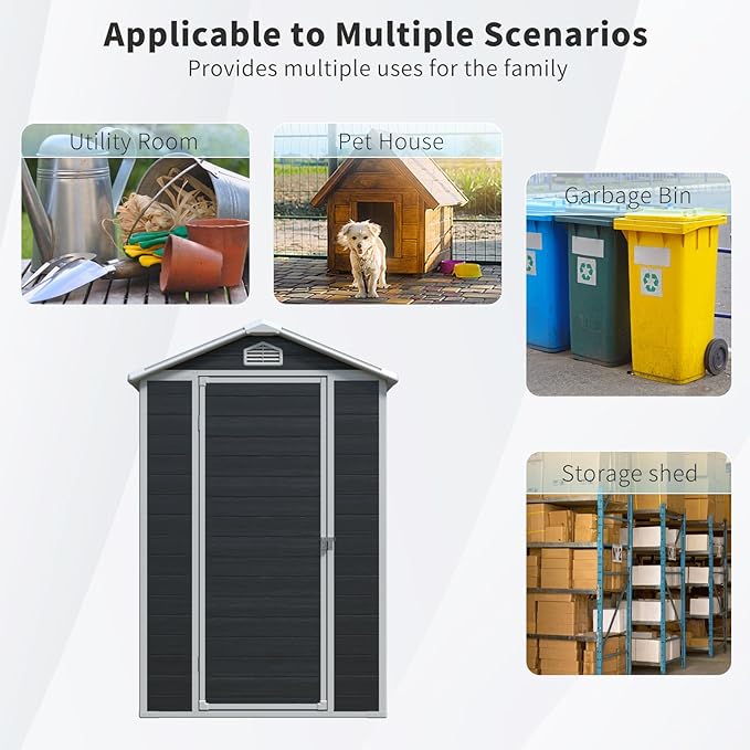 JT 4×6ft Resin Outdoor Storage Shed,Outdoor Storage Shed with Floor & Window to Store Patio Furniture, Garden Tools Bike Accessories, Beach Chairs and Lawn Mower. (Black, 4ft*6ft)