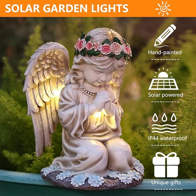 Solar Garden Outdoor Statues Lights, Resin Angel Figurine Light for Patio, Balcony, Yard, Lawn Ornament, Unique Housewarming Gifts and Yard Decor (Prayer Angel)