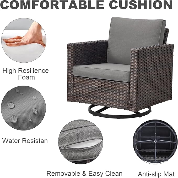 Wicker Outdoor Swivel Chairs Set of 4 with Fire Pit Table, 5 Pieces Patio Furniture Set with Fire Pit Table for Yard, Deck, Garden, Brown/Grey