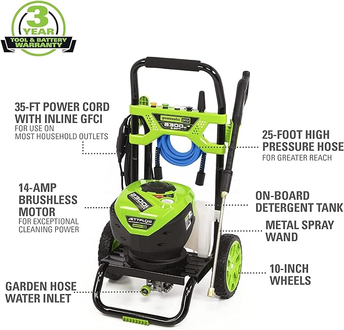 Greenworks 2300 PSI TruBrushless (2.3 GPM) Electric Pressure Washer, 25’ Hose, Quick Connect Wand, 15, 24, 40 Degree Soap and Turbo Nozzle