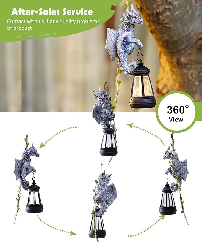 Nacome Dragon Outdoor Statues for Garden: Outside Hanging Climbing Sculptures with Lantern Decor for Yard Art Porch Balcony - Birthday Gifts for Grandma Mom Women