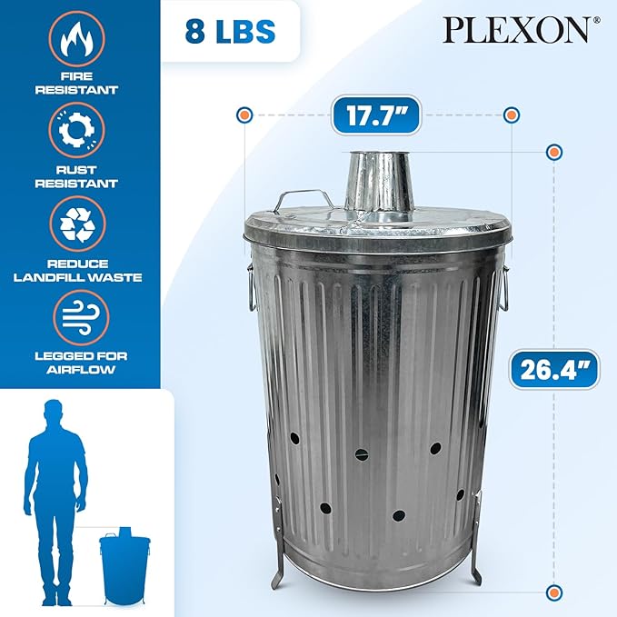 Plexon Metal Compost Bin Outdoor Burn Bin - Galvanized Trash Can with Lid Chimney and Vent Holes - Trash Burning Container Composter Incinerator for Garbage, 20 Gallon (Chimney Lid and Vent Holes)