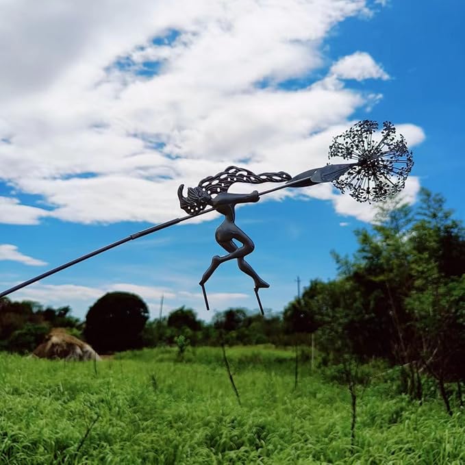 Flower Fairy Dancing with Dandelion Garden Art Sculpture Stainless Steel Statue Christmas Halloween Decoration for Outdoor Yard Courtyard Lawn Patio Metal Ornaments (Wave)