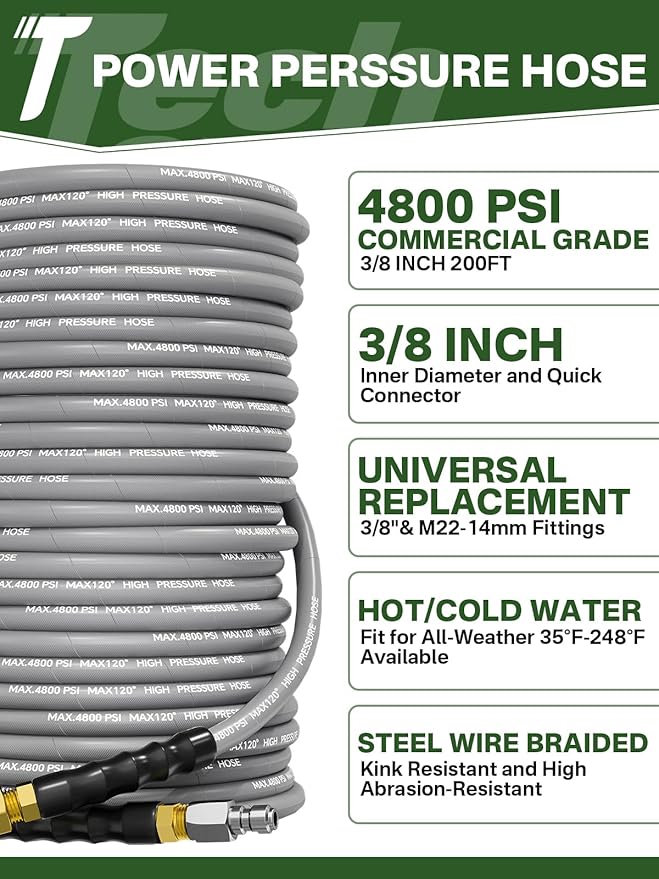 3/8" 4800PSI Pressure Washer Hose 200FT with Swivel Quick Connect for Cold/Hot Water Max 248°F, Kink Resistant Steel Wire Braided, Wear Resistant Power Washer Hose with M22 14mm Adapter
