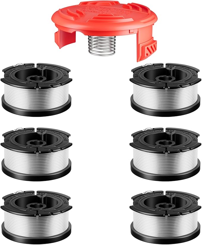 7 Pcs AF-100 Weed Eater Strings Compatible with Black and Decker Weed Eater, 0.065’’ AFS Automatic Feed Replacement Spool, 6 Pcs Spools(180ft Total), 1 Pcs RC-100-P Trimmer Cap and Spring