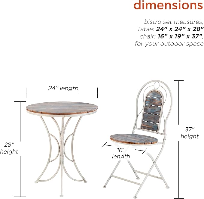 Alpine Corporation Indoor/Outdoor 3-Piece Wood and Metal Bistro Set Table and Folding Chairs Patio Seating