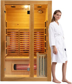 2-Person Far Infrared & Steam Dual-System Sauna Room, Hybrid Indoor Wooden Sauna with 3.5KW Heater, 6 Heating Elements and Heating Stove, Built-in Sound System, Oxygen Bar, 7-Color Lights,220V