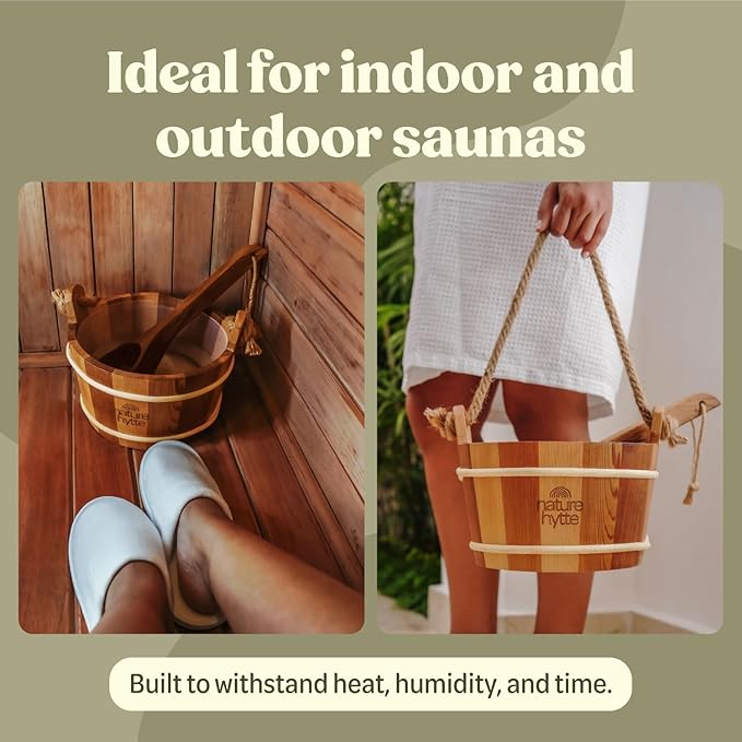 Red Cedar Sauna Bucket and Ladle Set 4L (1 Gallon) - Natural Rope Handle - Premium Red Cedar Wood - Natural Aroma - Elegant Gift-Ready Packaging