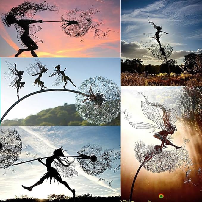 Flower Fairy Dancing with Dandelion Garden Art Sculpture Stainless Steel Statue Christmas Halloween Decoration for Outdoor Yard Courtyard Lawn Patio Metal Ornaments (Wave)