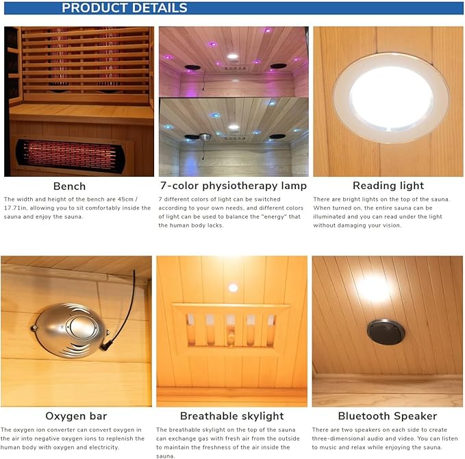 1 People Indoor Infrared Sauna, Low EMF Full Spectrum Red Heater with Carbon Heating Panels, Canadian Hemlock Wood, WiFi Control, 7-Color Starry Light, Reading Lamp, 1350W, 120V