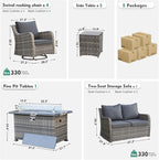 MEISSALIVVE 8 Pieces Patio Furniture Set with 43" Fire Pit Table, Wicker Patio Conversation Set with Swivel Rocking Chairs, Outdoor Patio Set for Lawn Backyard Porch (Grey)