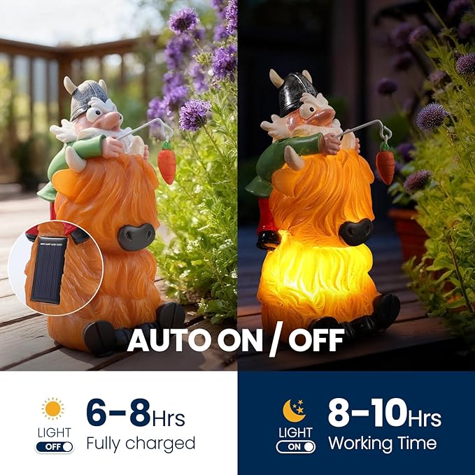 Garden Gnome Statue Highland Cow Gift,Yard Patio Balcony Outdoor Decor Solar Light Figurine, Christmas, Housewarming Gift,Idea Gift for Mom, Neighbor,Gnome Lover