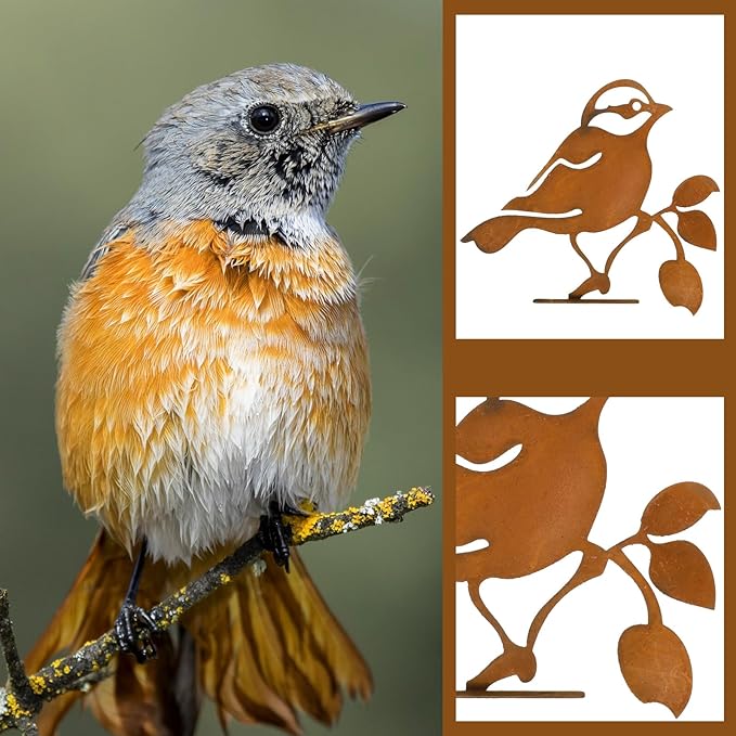 DIVINA VITAE 10Pcs Rusty Birds Decoration Lifelike Metal Birds Yard Art Simulation Bird Statue Yard Garden Decor for Outdoor Sculptures Art Fence Decorations(Style B)