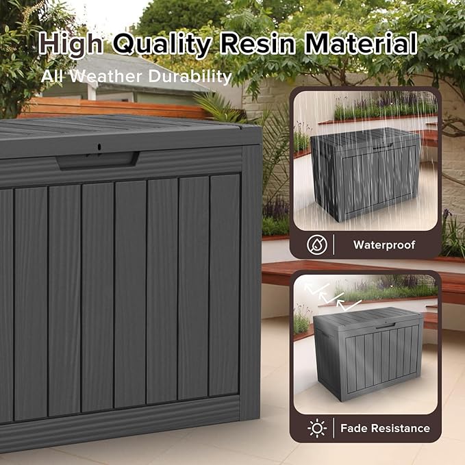 ROJIK Outdoor Storage Housing Deck Box - Waterproof Patio Furniture, Garden Tools, Cushions, Pool Accessories Storage Bench with Lockable Lid and Side Handles (Black, 45 Gal)