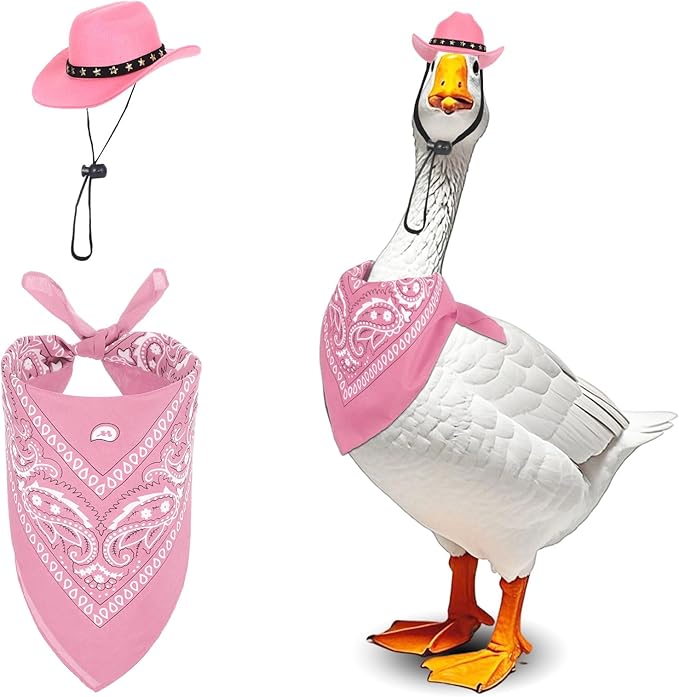 Porch Goose Outfits Western Cowboy Style, Lawn Cement Goose Clothes Outfits for Cement Goose Includes Adjustable Cowboy Hat and Scarf for 23/17″ Outdoor Statue(Pink)