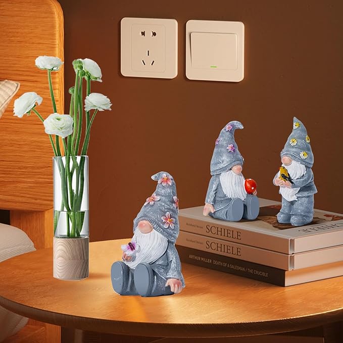 Artpaul 3 Pcs Gnomes Decorations Figurine Resin Statues,Cute Mushroom Bird Butterfly Gnomes for Home Table Shelf Gift Décor Accents (Grey)