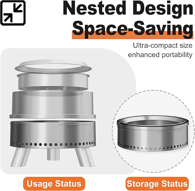 Smokeless Fire Pit with Waterproof Bag, 20 Inch Stainless Steel Fire Pits for Outside Wood Burning, Smokeless Firepit Outdoor Bonfire, Removable Ash Pan, Portable for Camping, Backyard