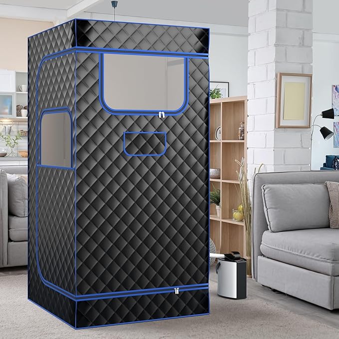 Giantex Portable Sauna Box, Full Body Steam Sauna for Home with 3L Generator, Remote Control, Folding Chair & Wooden Foot Roller, Lightweight Single Person Sauna Tent, 36" x 36" x 72" (Blue+Black)