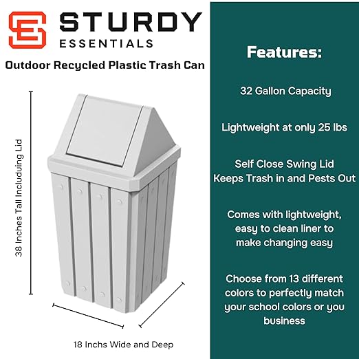 32 Gallon Square Slatted 100% Recycled Plastic Heavy Duty Outdoor Commercial Trash Can with Swing Top Lid | Great for Schools and Businesses - White