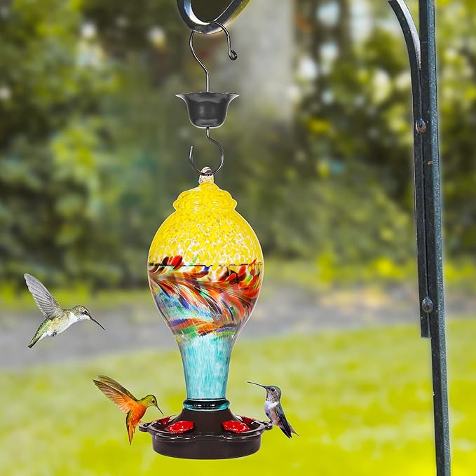 LUJII Hand Blown Glass Hummingbird Feeder for Outdoors with Ant Moat, Leak Proof & Rustproof,36 fl.oz, Metal Base Cover with 5 Feeding Ports & 5 Perches, Glass Art for Garden Decor (Blue Mixed Yellow)