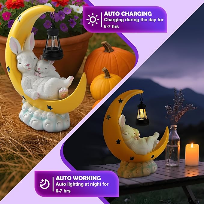 Solar Rabbit Garden Statues, Outdoor Bunny Decor, Resin Rabbit Figurine Lying on the Moon Cuddling a Baby Bunny with LED Lights for Porch Patio Lawn Yard Easter Housewarming Gardening Gifts for Mom