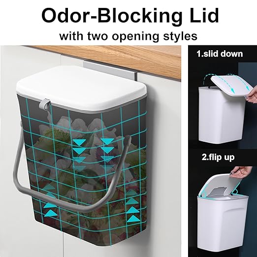 LALASTAR Small Trash Can with Lid, Kitchen Compost Bin for Countertop or Under Sink, Plastic Hanging Waste Basket for RV/Office/Bedroom/Dorm, Mountable, 9L/2.4 Gal, White