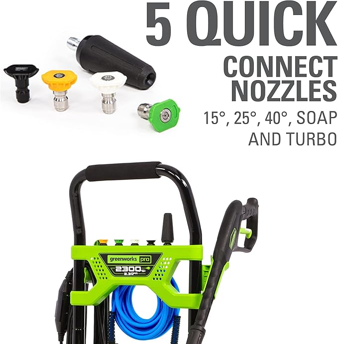 Greenworks 2300 PSI TruBrushless (2.3 GPM) Electric Pressure Washer, 25’ Hose, Quick Connect Wand, 15, 24, 40 Degree Soap and Turbo Nozzle