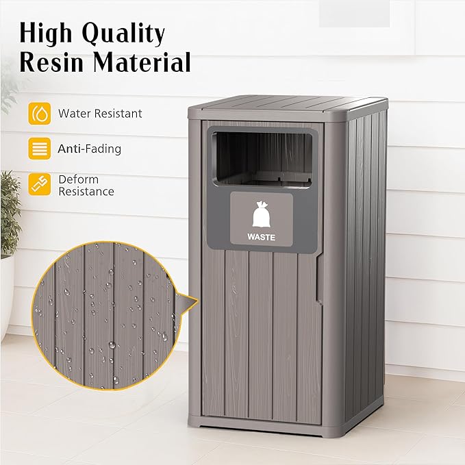 ROJIK 35" Tall Outdoor Trash Can,Weatherproof Resin Garbage Indoor Durable Lightweight,Suitable for Patio Office Kitchen,Easy to Clean,Assemble (Waste,Grey)