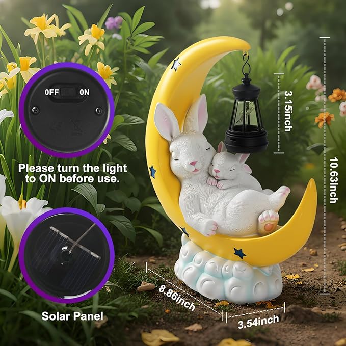 Solar Rabbit Garden Statues, Outdoor Bunny Decor, Resin Rabbit Figurine Lying on the Moon Cuddling a Baby Bunny with LED Lights for Porch Patio Lawn Yard Easter Housewarming Gardening Gifts for Mom