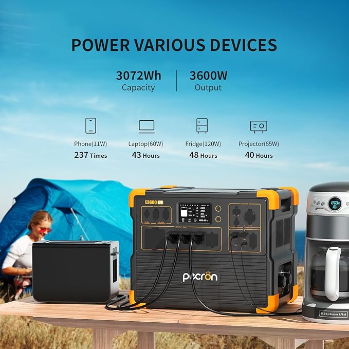 PECRON Two E3600LFP Portable Power Station with 240V Double Voltage Hub, 3072Wh Solar Generator with 2x300W Solar Panels included, 3600W LiFePO4 Battery Backup for Home Use, RV, Camping
