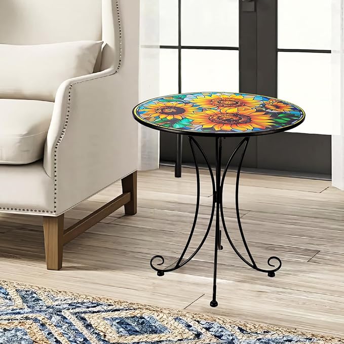 Sunflower Side Table Outdoor, 18 Inch Metal Accent Table, Indoor Small Round End Tables, Plant Stand Tables for Outside Yard Balcony Garden Bedside