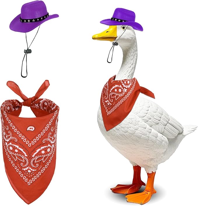 Porch Goose Outfits Halloween Western Cowboy Style, Lawn Cement Goose Clothes Outfits for Cement Goose Includes Adjustable Cowboy Hat and Scarf for 23/17″ Outdoor Statue(Purple)