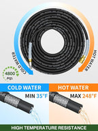 3/8" 4800PSI Pressure Washer Hose 75FT with Swivel Quick Connect for Cold/Hot Water Max 248°F, Kink Resistant Steel Wire Braided, Wear Resistant Power Washer Hose with M22 14mm Adapter