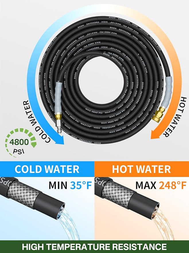 3/8" 4800PSI Pressure Washer Hose 200FT with Swivel Quick Connect for Cold/Hot Water Max 248°F, Kink Resistant Steel Wire Braided, Wear Resistant Power Washer Hose with M22 14mm Adapter