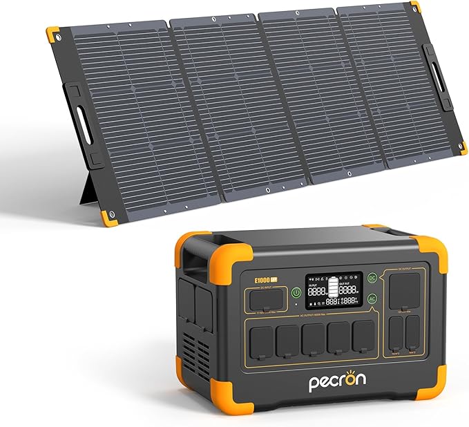 pecron Solar Generator E1000LFP with 300W Solar Panel, 1024Wh/1800W LiFePO4 Battery Backup, Portable Power Station Expandable to 4096Wh, Fast Charging Power Station for Emergencies, Camping, RV