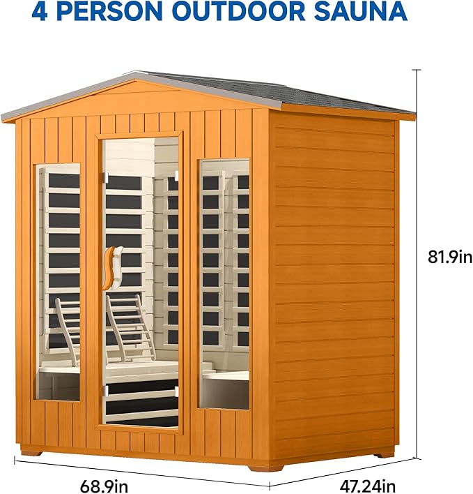 Outdoor Sauna 4 Person, Far Infrared Sauna for Home Low EMF, Wooden Spa Dry Saunas Room with Infrared Lighting and Integrated Speakers, 7 Colors Chromotherapy for Indoor and Gym