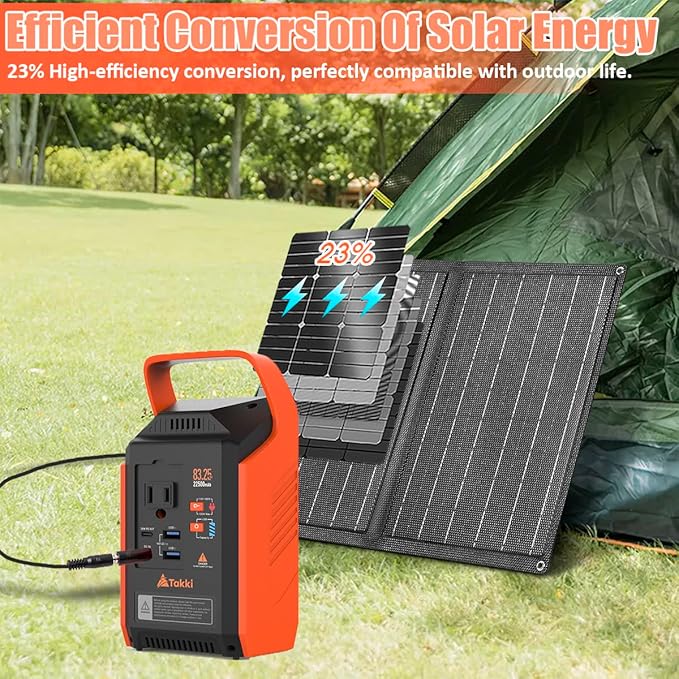 Takki 120W Peak Solar Generator with 21W Panel 83Wh Portable Power Station Solar Power Bank with 110V AC Outlet for Camping Home Use Outdoor Emergency Fan Laptop Hurricane