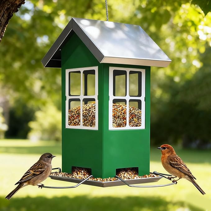 Upgrade All Metal Chew Proof Design Squirrel Proof Bird Feeder Large, 4 Drainage Holes for Easy Cleaning, Outdoor Hanging Window Feeder for Wild Birds